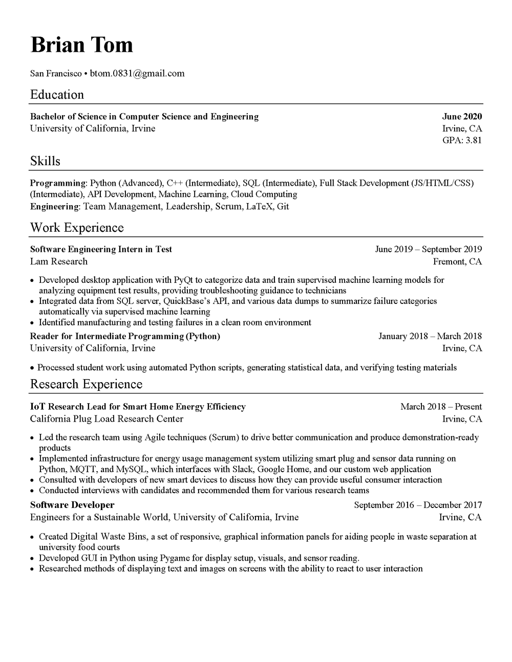 Brian Tom's Resume